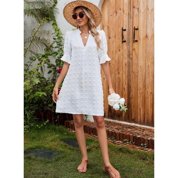 Summer Dot White Dresses for Women V Neck Ruffle Short Sleeve Casual Shift Dress - Picture 6 of 6